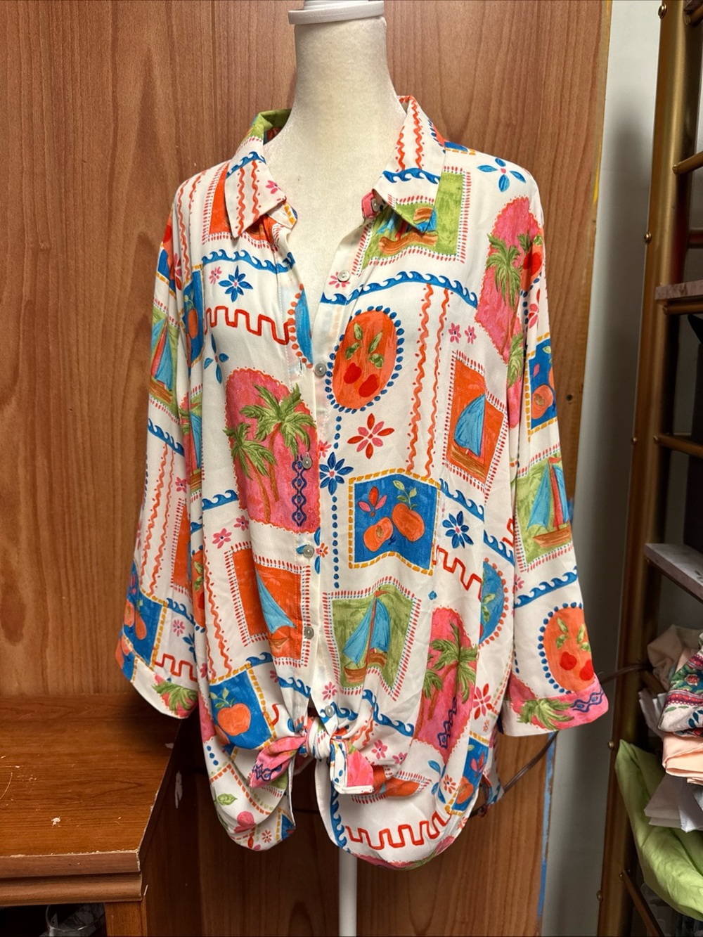 Rose + Olive White Multi Color Multi Pattern Plus Size Button Down Top